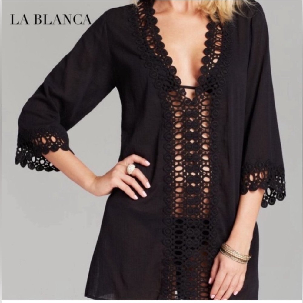 La Blanca Black Embroidered Crochet Trim Tunic Swim Cover-up Top Dress Small